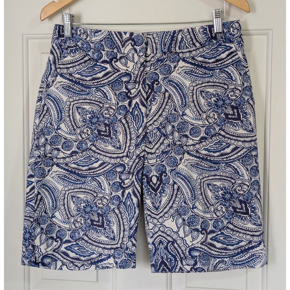 Talbots Bermuda Shorts Women 6 Blue White Paisley Coastal Preppy Boho Resort EUC